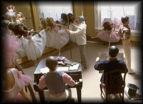 photo, Barbie dolls in a ballet studio, with Degas (detail)   http://www.erols.com/browndk/bigdegas.jpg