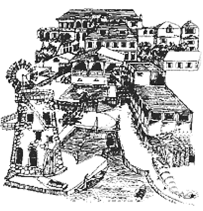 Original 
Woodcut Artistic Rendition of Club Comanche Hotel